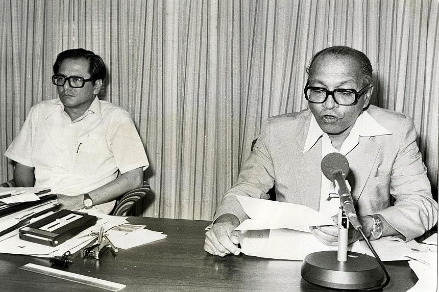 DEC 3, 1979: Phey Yew Kok (far left) and NTUC president Devan Nair at the press conference where the NTUC announced that Phey had resigned as secretary- general of the Pioneer Industries Employees Union and the Singapore Industrial Labour Organisatio
