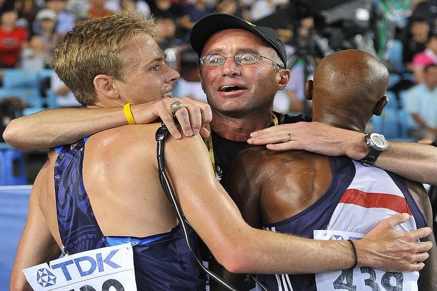 Coach Alberto Salazar, hugging winner Mo Farah (right) and Galen Rupp after the 5,000m final at the 2011 World Championships in Daegu in South Korea, is alleged to have given Rupp testosterone when the athlete was just 16 years old.
