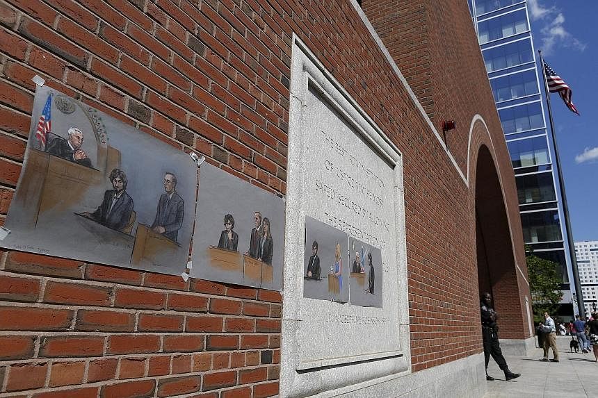 Court sketches on the wall after convicted Boston Marathon bomber Dzhokhar Tsarnaev was formally sentenced to death at the federal courthouse in Boston on Wednesday.
