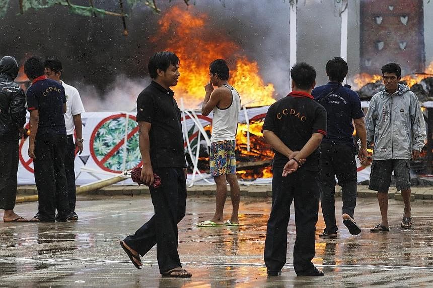 The authorities in Myanmar said drugs worth about US$245 million (S$329 million) were torched or crushed with a steamroller. This is the 28th time this event has been held in Myanmar since the United Nations General Assembly endorsed June 26 as the I