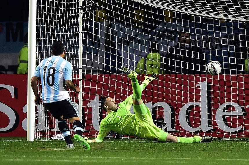 David Ospina kept Colombia in the game with superb saves, tipping over this header from Lionel Messi after first keeping out Sergio Aguero's effort. Carlos Tevez was not among the five designated penalty takers because of his miss in the 2011 Copa. B