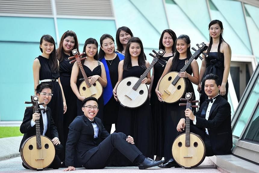 Among the members of the Singapore Ruan Ensemble who will feature at next week's concert are (front, from left) Mr Sulwyn Lok, Mr Leong Hwee Yang, Mr Jonathan Ngeow, (back, from left) Ms Peh Kai Wen, Ms Koh Min Hui, Ms Lo Chai Xia, Ms Zhang Ronghui, 