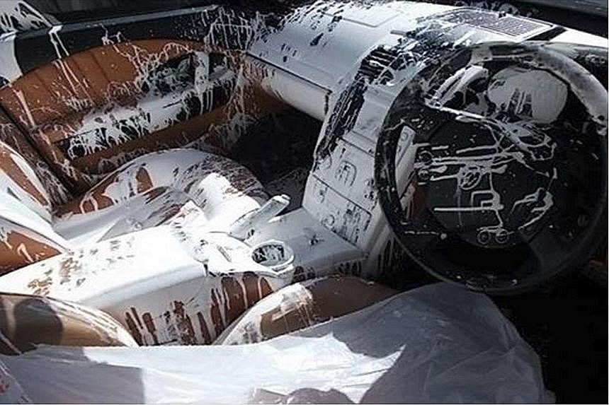 The driver had swerved to avoid hitting a dog, causing the lid on the tin of paint inside the car to dislodge and splash its contents all over the car's interior.