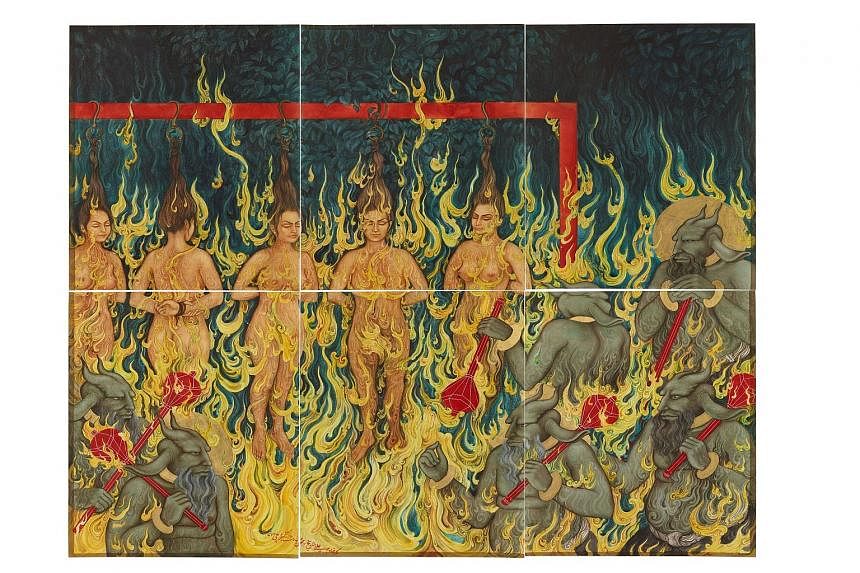 Artist Khadim Ali (right) with a detail of the rug he has created for his show here, and his painting Transition/ Evacuation 5 (left), which shows five nude women being burnt alive by dark demons.