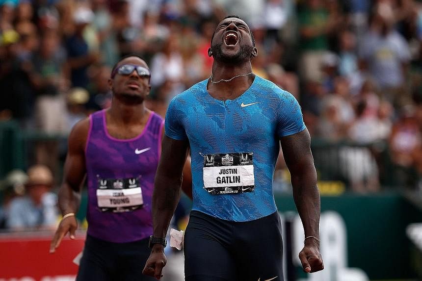 An ecstatic Justin Gatlin after winning the 200m in a superb 19.57sec at the US trials in Eugene, Oregon. The squad are shaping up really well for the Beijing world championships with season bests in 13 events.