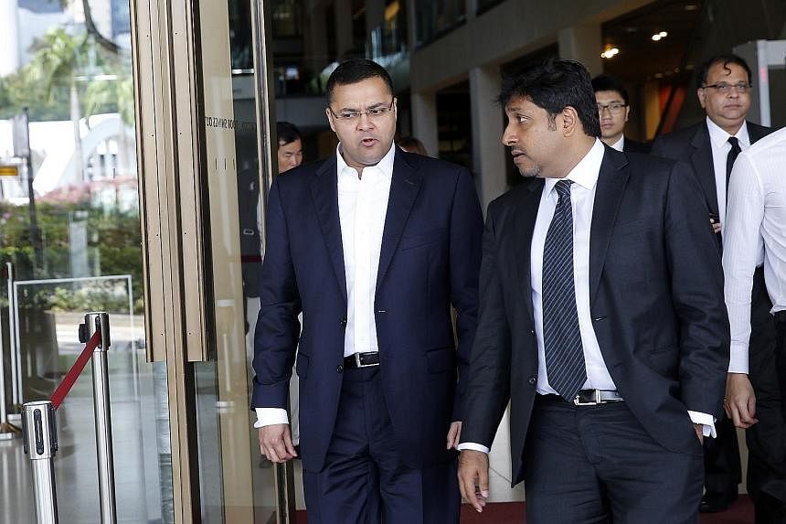 Mr Adesh Goel (left) with his lawyer, Mr Abraham Vergis. Mr Goel is suing the Resorts World Sentosa casino for more than $400,000 for detaining and allegedly manhandling him in April 2012.
