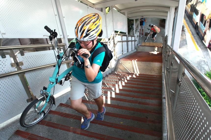 Cyclists have to disembark and carry their bikes up and down eight flights of steps to cross the overhead bridge over the PIE near Jalan Toa Payoh. This bridge is considered one of the harder obstacles.