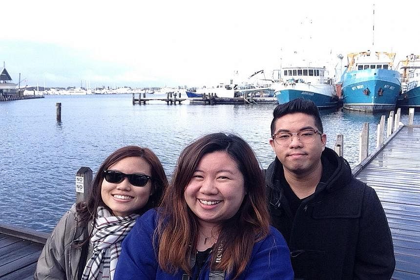 Ms Heidi Ang (from left), Ms Huang Huifang and Mr Lim Zi Jie were in Perth on holiday when the car they were travelling in was involved in an accident last Friday. The crash left Ms Ang with broken ribs and a traumatic brain injury.