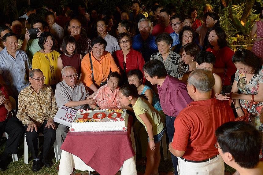 Mrs Wee Kim Wee, the wife of the late former Singapore President, turned 99 yesterday. About 100 people held a party for her at her Siglap home. Her great- granddaughter Bethany Wee, 10, blew out the candle on a cake with the number 100, Mrs Wee's ag