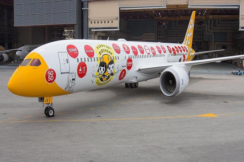 This specially painted Boeing 787 Dreamliner, dubbed "Maju-lah", will host the "Garang In The Air" sky party by budget airline Scoot in the days leading up to National Day to commemorate Singapore's 50th birthday.