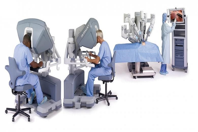 PICTURE 1: Illustration of conventional surgery scar versus robotic keyhole surgery scars for prostate cancer surgery. PICTURE 2: Instruments are manipulated using pedals and hand controls.