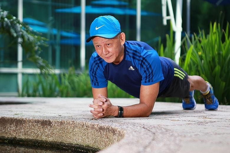 Mr William Gan, 69, demonstrating the plank, an abdominal exercise that builds core strength. The retiree suffered years of pain from degenerative discs and found relief with the exercises he was prescribed when he sought help at Changi General Hospi