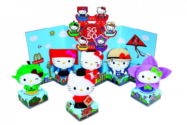 The new limited- edition Hello Kitty dolls each take on a local theme: (clockwise from left) Durian Lover, Samsui Woman, SG50 Parade, Trishaw Uncle, Orchid Lover and McDonald's crew member.