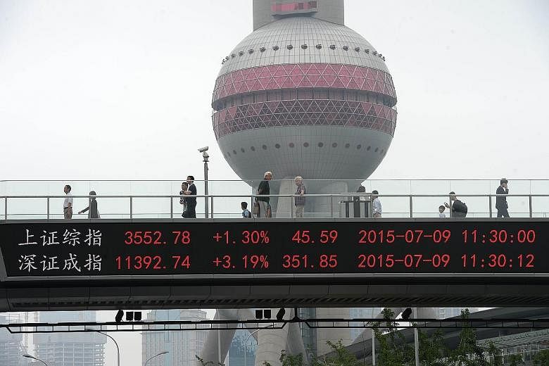Shanghai and Shenzhen stock index movements on display near the Oriental Pearl Tower in Shanghai on Thursday. State intervention has helped prop up the two bourses, but the extreme measures taken have left foreign investors even more wary about enter