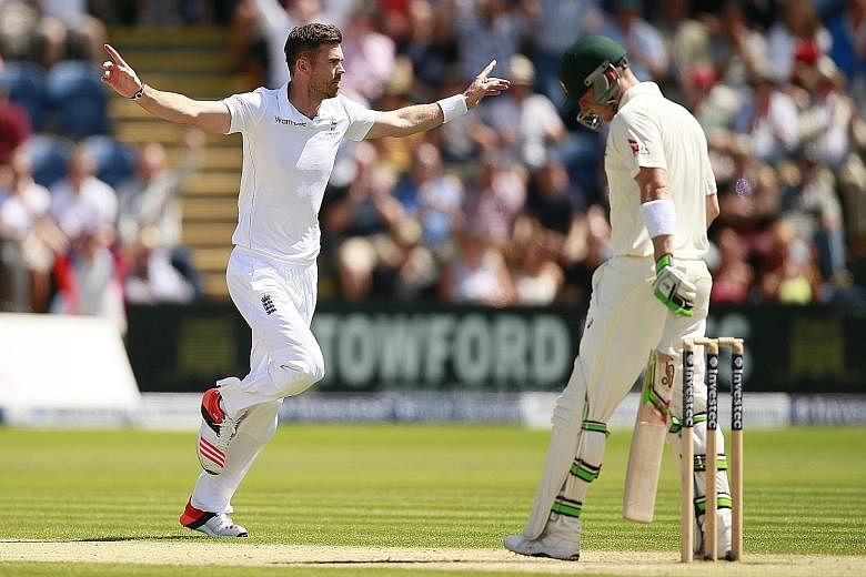 England's James Anderson celebrating after taking the wicket of Australia's Brad Haddin. He had bowled opener David Warner and ended the innings by dismissing Mitchell Starc.