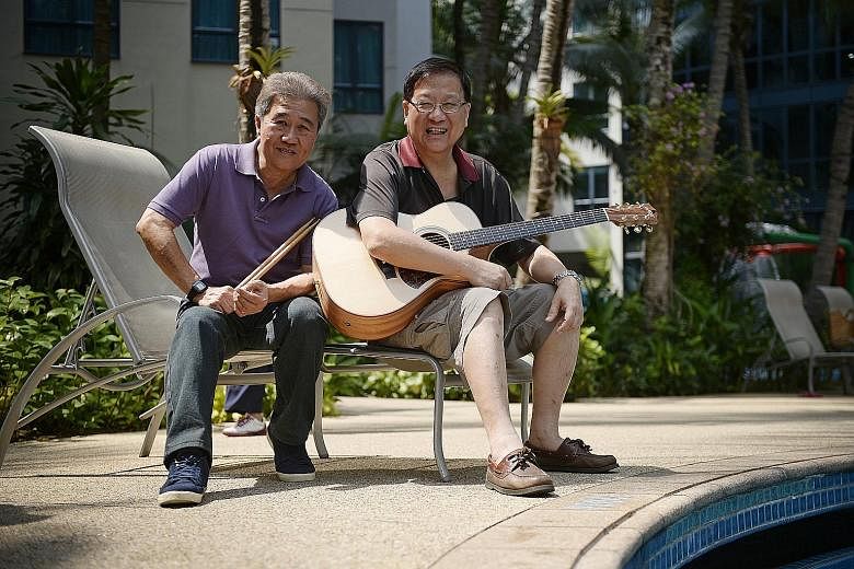 (Above) The remaining members of The Quests - Lim Wee Guan (left) and Henry Chua - have had to turn down requests to perform. (Left) The band in their heyday.