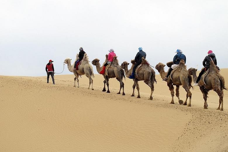 Ride a camel in the Xiangshawan Desert. A familiar sight in Inner Mongolia is the aobao, a mound of rocks and wood often found on the top of mountains. The Muslim district in Hohhot has many shops selling bread, halal dumplings and a variety of stree