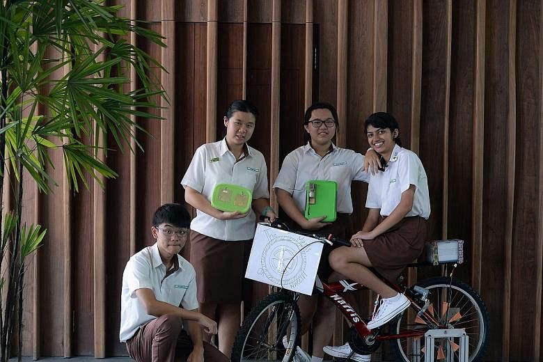 Chestnut Drive Secondary School students (from left) Sivathorn Sivalet, Zahid Mohamed, Haziq Roslan and Pung Yu Sing, all 15, won in the eco-friendly materials section by creating biodegradable plastic files from waste food.