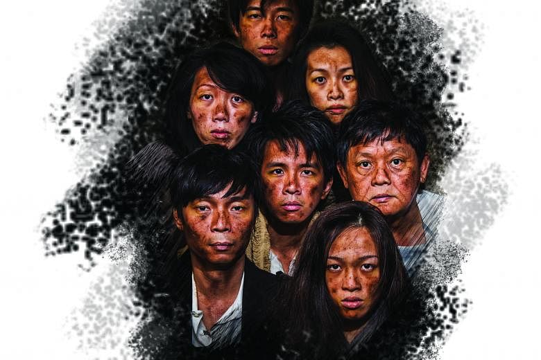 Seven actors will play 15 roles in The Lower Depths. They are (clockwise from top) Neo Hai Bin, Mia Chee, Johnny Ng, Jean Toh, Tay Kong Hui, Koh Wan Ching, and Hang Qian Chou (centre).