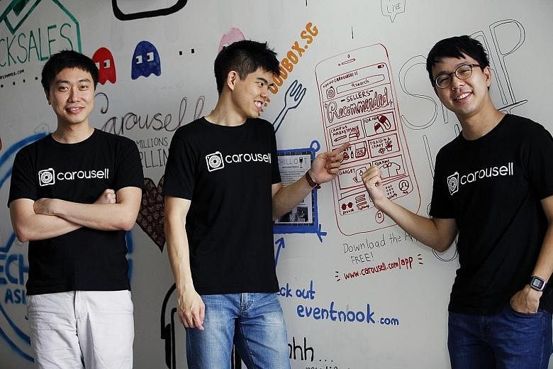 (From left) Carousell co-founders Lucas Ngoo, 26, Quek Siu Rui, 27, and Marcus Tan, 31. Carousell is the top lifestyle and shopping app here, and has more than six million items listed.