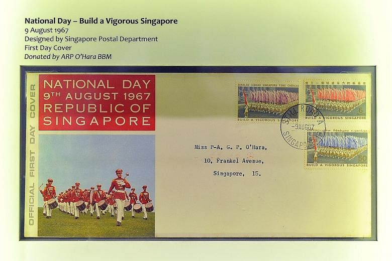 A first-day cover with stamps featuring the 1966 National Day Parade; the original artwork of the first stamp to be issued by the Republic in 1966; a printing plate of the 1999 stamp featuring Singapore's first president, Mr