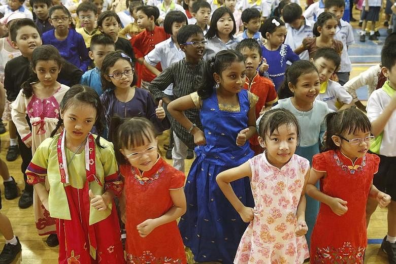 From the cheongsam, worn by women during Chinese New Year and Chinese weddings, to the baju Melayu, a traditional Malay outfit donned by men, pupils at Anchor Green Primary School in Sengkang turned up for their classes yesterday dressed in ethnic co