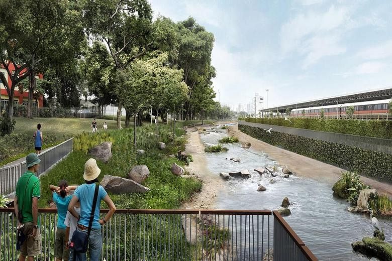 The stretch between Bishan Road and Braddell Road is a concrete canal now (above), but by the end of 2018, there will be plants, rocks and viewing decks (right).