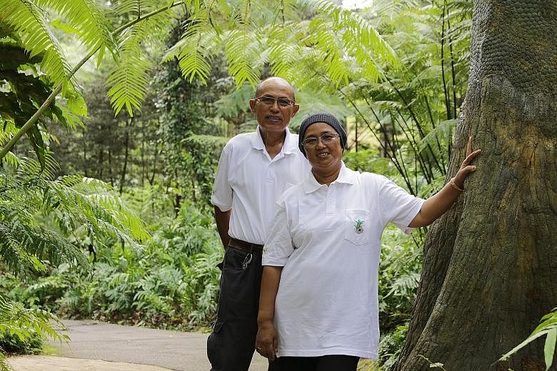 Madam Rasidah Zali and her husband Ali Jasman (both left) met at the Gardens, got married there and also started a family there. Dr Wilson Wong (right) spends weekends shopping for plants at nurseries, which he will try to propagate at home. Ms Chris