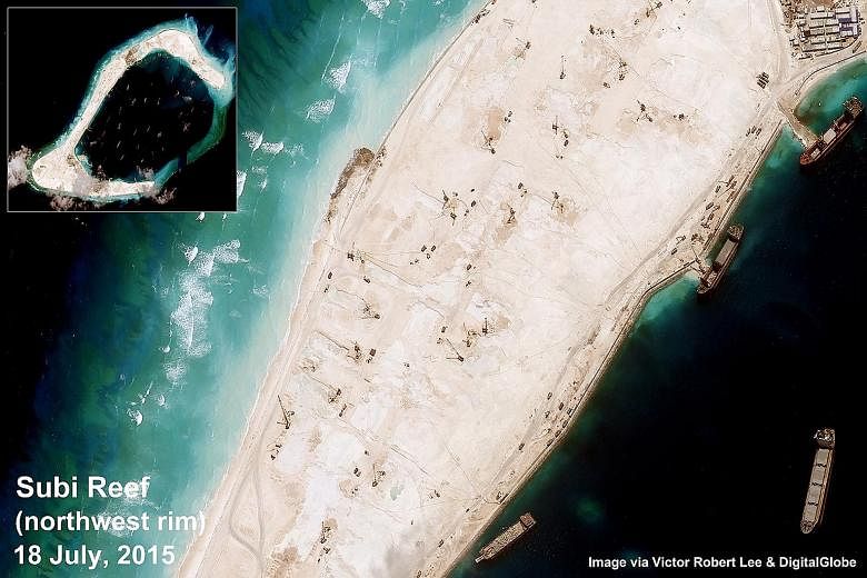 Satellite images showing construction on (clockwise from left) Subi reef in the South China Sea, the south-west rim, and the north rim of the reef in the Spratly archipelago.