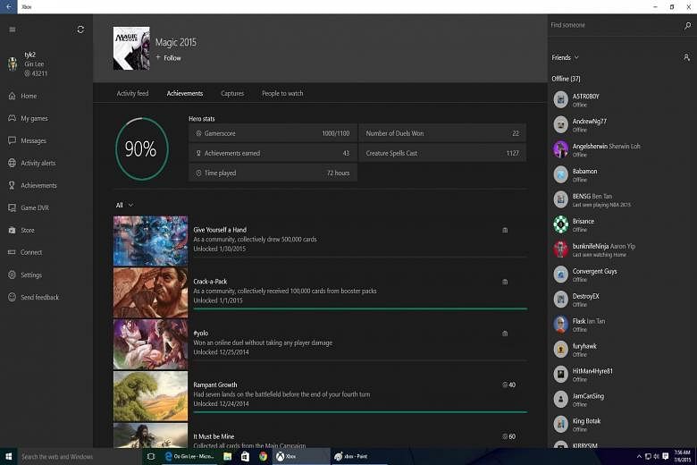 The Xbox app on a Windows 10 device lets you view all your game achievements and chat with your Xbox Live friends through the app.