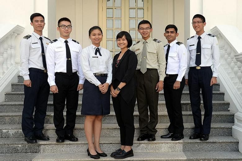 (From left) ME4(A) Justin Yeo, MID Aloysius Oh, OCT Goh Si Ying, Tay Jing Yi, OCT Jeremiah Choo, 2LT Surya Padmanabha Bhat and OCT Nathaniel Wong were among those awarded SAF and Defence scholarships this year.