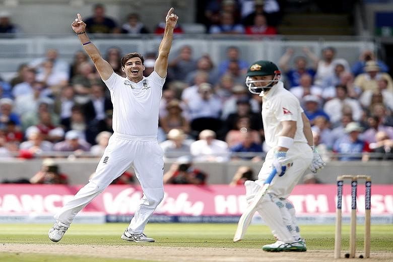 Recalled England fast bowler Steven Finn, who took 6-79 in Australia's second innings, celebrates the dismissal of wicket-keeper Peter Nevill, who played a crucial innings of 59.