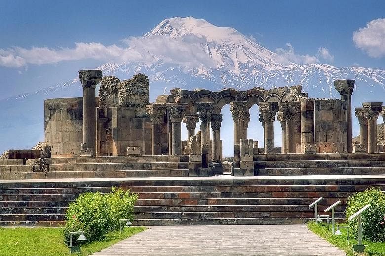 The Zvartnots Cathedral (left) in Armenia.