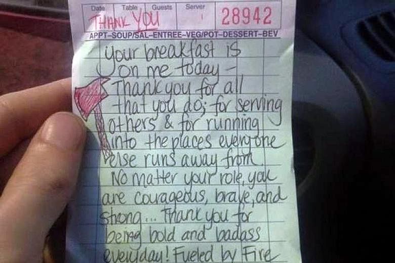 Ms Woodward's thank you note to the firemen, after she paid for their meal.