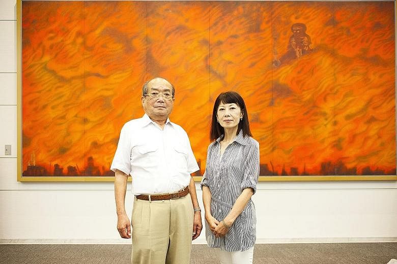 War survivor Hiromi Hasai with Ms Ritsuko Kinoshita, who has spent years by his side as he addressed visitors to Hiroshima's Peace Memorial Museum.