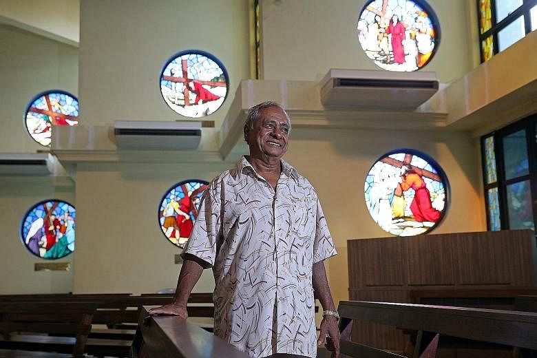 Mr Henry Leo, 72, in the Church of St Michael. The devout Catholic passes his days going to church, painting, tending to the plants on his balcony and repairing knick-knacks and trinkets for friends. He is a repository of many Eurasian recipes now al