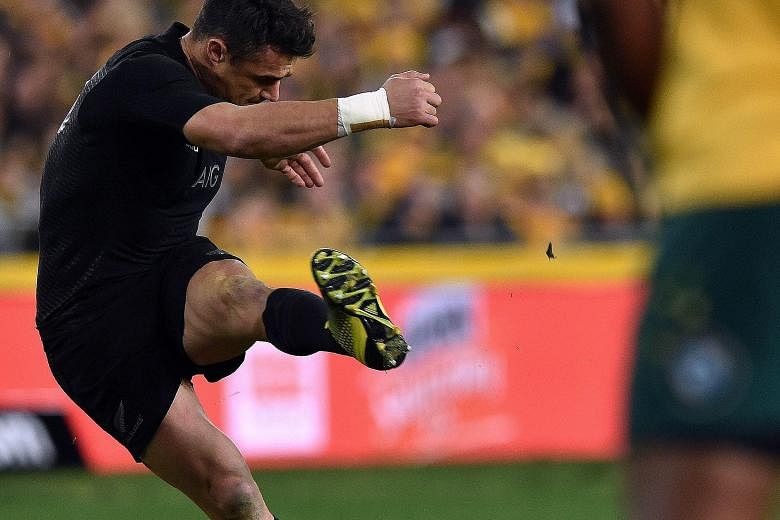 Dan Carter kicking a penalty against Australia in Sydney on Saturday. The Wallabies won 27-19 to seal the Rugby Championship and the All Blacks will hope the fly-half is at his best in the World Cup.