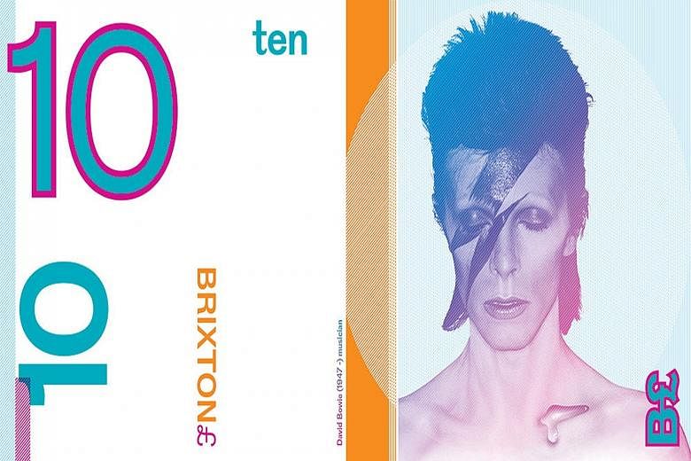 A psychedelic £5 note (top) designed by artist Jeremy Deller for the Brixton area of London, a £10 note (above left) featuring singer David Bowie and a colourful £20 note (above) for the city of Bristol.