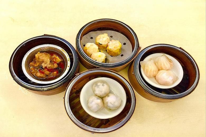 Chain stall Lai Kee's dimsum includes (clockwise from far left) pork ribs, siew mai, har kow and chive dumplings.