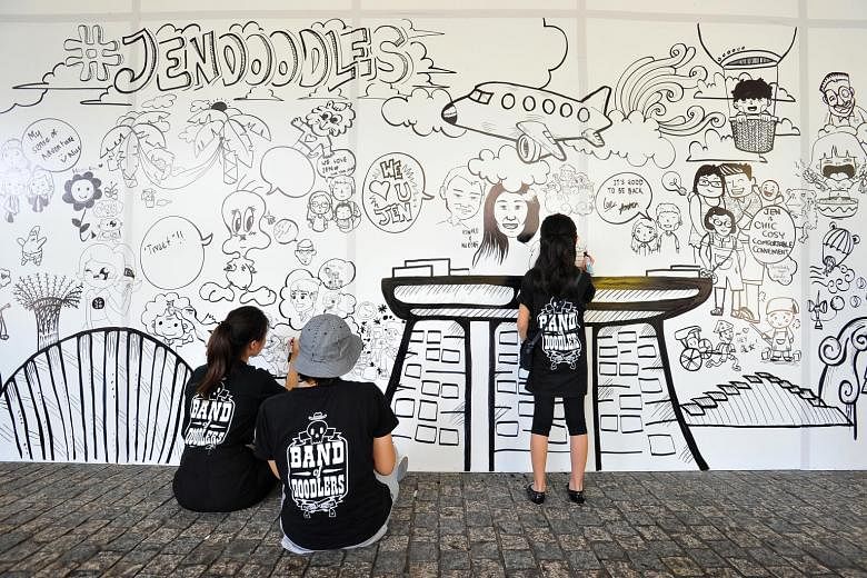 It brings a whole new meaning to the term "drawing room". A group of local artists, The Band of Doodlers, were invited to Hotel Jen, off Tanglin Road, yesterday to transform a 17m-wide hoarding into a work of art while renovation work was being done 
