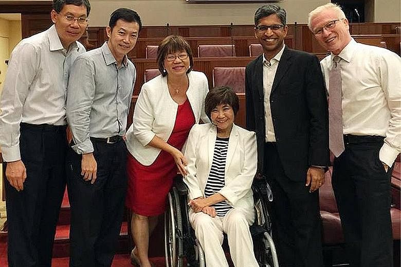 MP Denise Phua (third from left) posted this picture on Facebook after the House sat, saying "just in case this is our final session". With her are (from left) Mr Lui Tuck Yew, Dr Lim Wee Kiak, Ms Chia Yong Yong, Mr Hri Kumar Nair and Mr Arthur Fong.