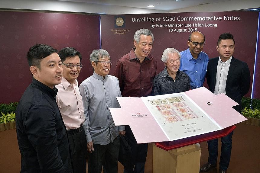The set of six commemorative notes (left) - a $50 note and five $10 notes - will be available for exchange for Singaporeans from tomorrow. At yesterday's launch (below) were PM Lee Hsien Loong, DPM Tharman Shanmugaratnam (second from right) and Educa