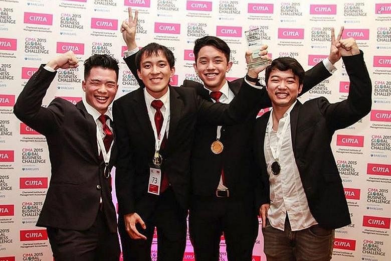 Tueur Consulting members - SMU undergraduates (from left) Tan Jhun Boon, Samuel Tan, Han Meng Siew and Chris Feng - celebrate their victory as the champions of the CIMA Global Business Challenge 2015, held in Warsaw, Poland.