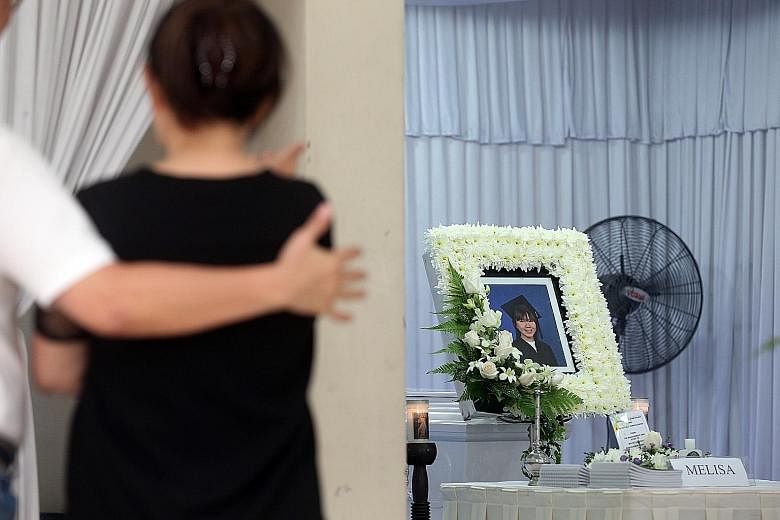 At the wake of Ms Melisa Liu Rui Chun at her home in New Upper Changi Road, her mother Katherine Woo, who had just lost her husband to cancer in June, said: "It's very heartbreaking. Now she's gone, it's so painful, so painful." Ms Liu's husband Ng S