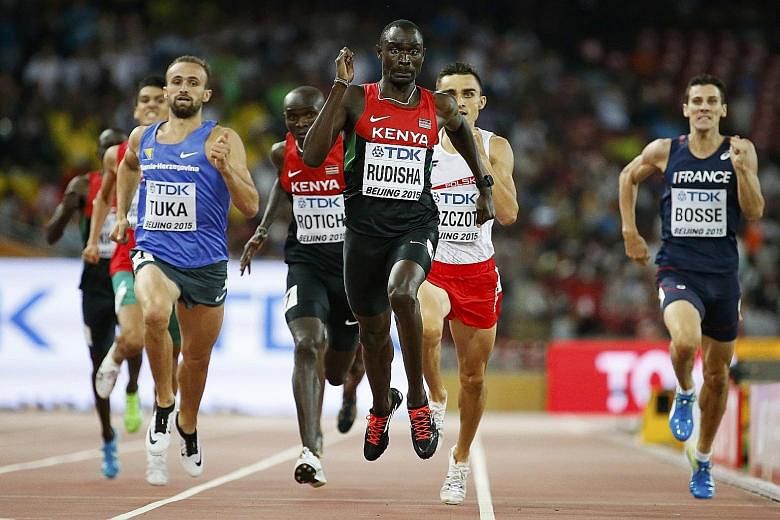 David Rudisha's face shows the exertion of giving his all as he races to the finish line to win the 800m. The triumph erases the three years of pain and frustration when he was hobbled by a knee injury.
