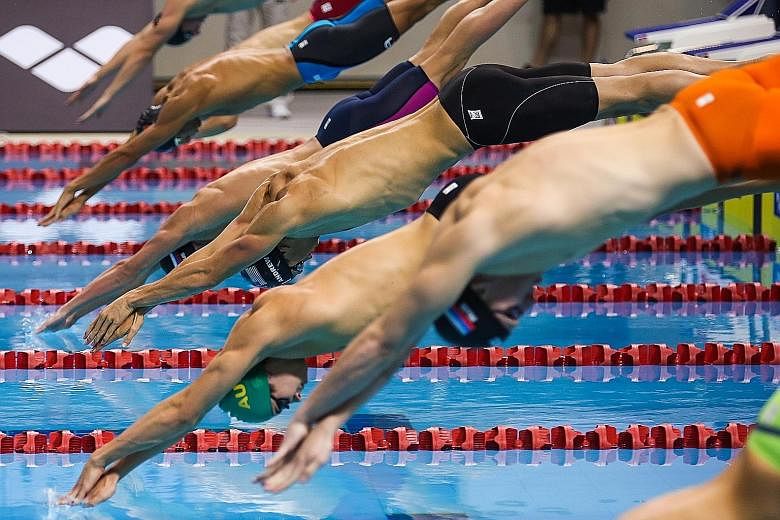 Anton Chupkov of Russia (fourth from front) en route to winning the men's 100m breaststroke semi-final last night in 1min 00.34sec. "I will do my best to go under the one-minute mark," he said of today's final.