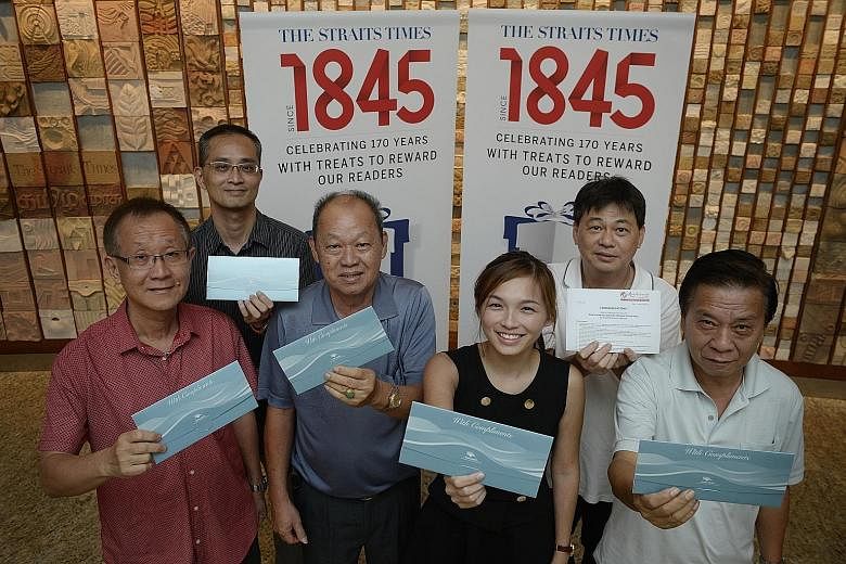 The five ST170 Treats Contest winners who bagged the cruise trip are (from left) Mr Ng Teck Beng, 62, Mr Chow Chee Kienm, 41, Mr Sui Ting Lay, 66, Ms Faustina Tan, 24, and Mr Tan Sew Fock (far right), 63. Mr Lam Kuek Seng (second from right), 50, won