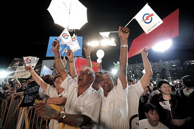 Supporters of the People's Action Party (left) and of the Singapore People's Party at the parties' respective rallies during the 2011 General Election campaign. The Elections Department yesterday asked contesting candidates in next month's polls to r