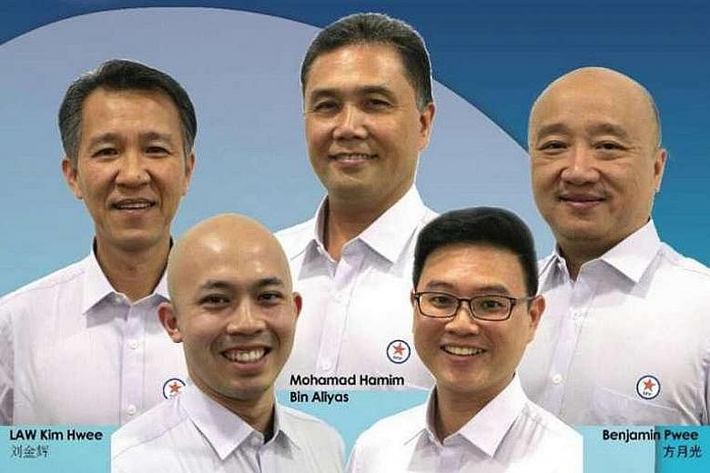 A mock-up of an election poster shows (from left) SPP's Law Kim Hwee, 55, SPP's Abdillah Zamzuri, 31, DPP's Hamim Aliyas, 50, SPP's Bryan Long, 37, and DPP's Benjamin Pwee, 47. However, neither party has confirmed the contents of the poster.