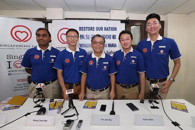Singaporeans First candidates (from left) Chirag Desai, Wong Chee Wai, Tan Jee Say, Fahmi Rais and Melvyn Chiu.
